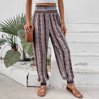 Damen Freizeithose im Bohemian-Stil mit elastischem Bund und Blumenmuster