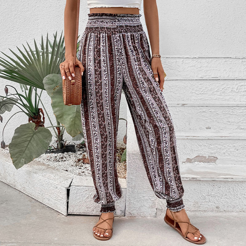 Damen Freizeithose im Bohemian-Stil mit elastischem Bund und Blumenmuster