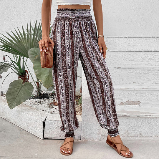 Damen Freizeithose im Bohemian-Stil mit elastischem Bund und Blumenmuster R&B