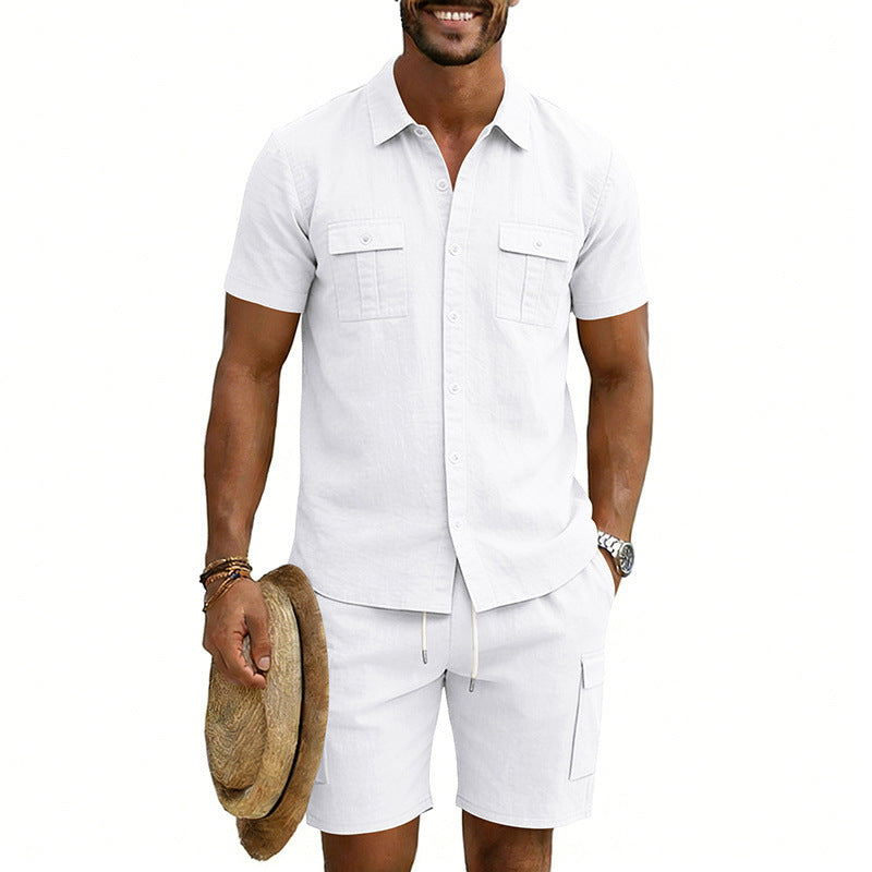 Herren nan sommerliches Freizeitset aus Baumwoll-Leinenmix mit Kurzarm-Hemd und Cargo-Shorts R&B