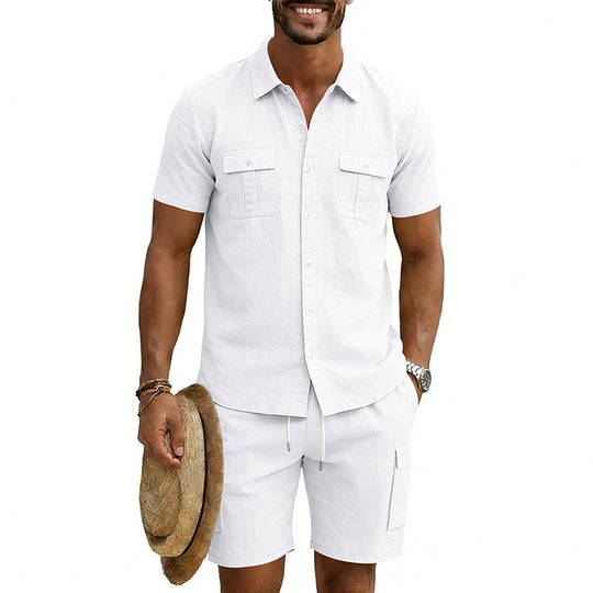 Herren nan sommerliches Freizeitset aus Baumwoll-Leinenmix mit Kurzarm-Hemd und Cargo-Shorts R&B