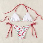 Damen Triangel-Bikini mit Krawattenverschluss und verspieltem Kirschdesign R&B