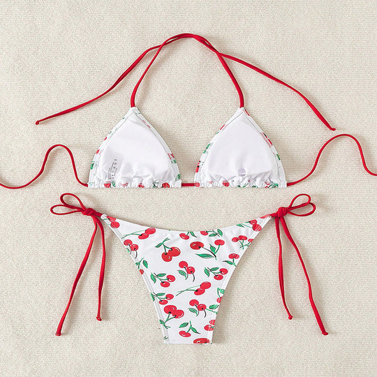 Damen Triangel-Bikini mit Krawattenverschluss und verspieltem Kirschdesign R&B