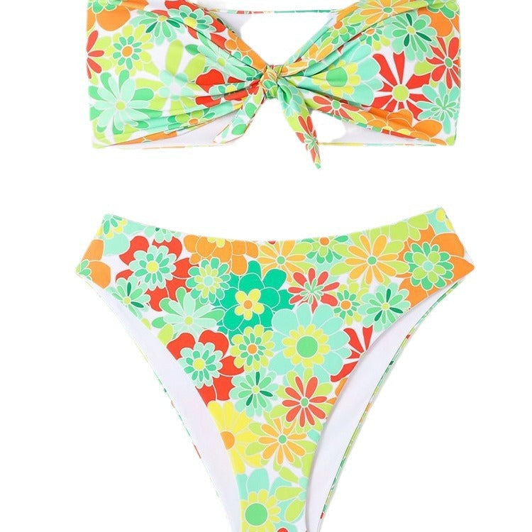 Damen Bandeau Bikini mit modischem Blumenmuster und verspieltem Knotendetail R&B