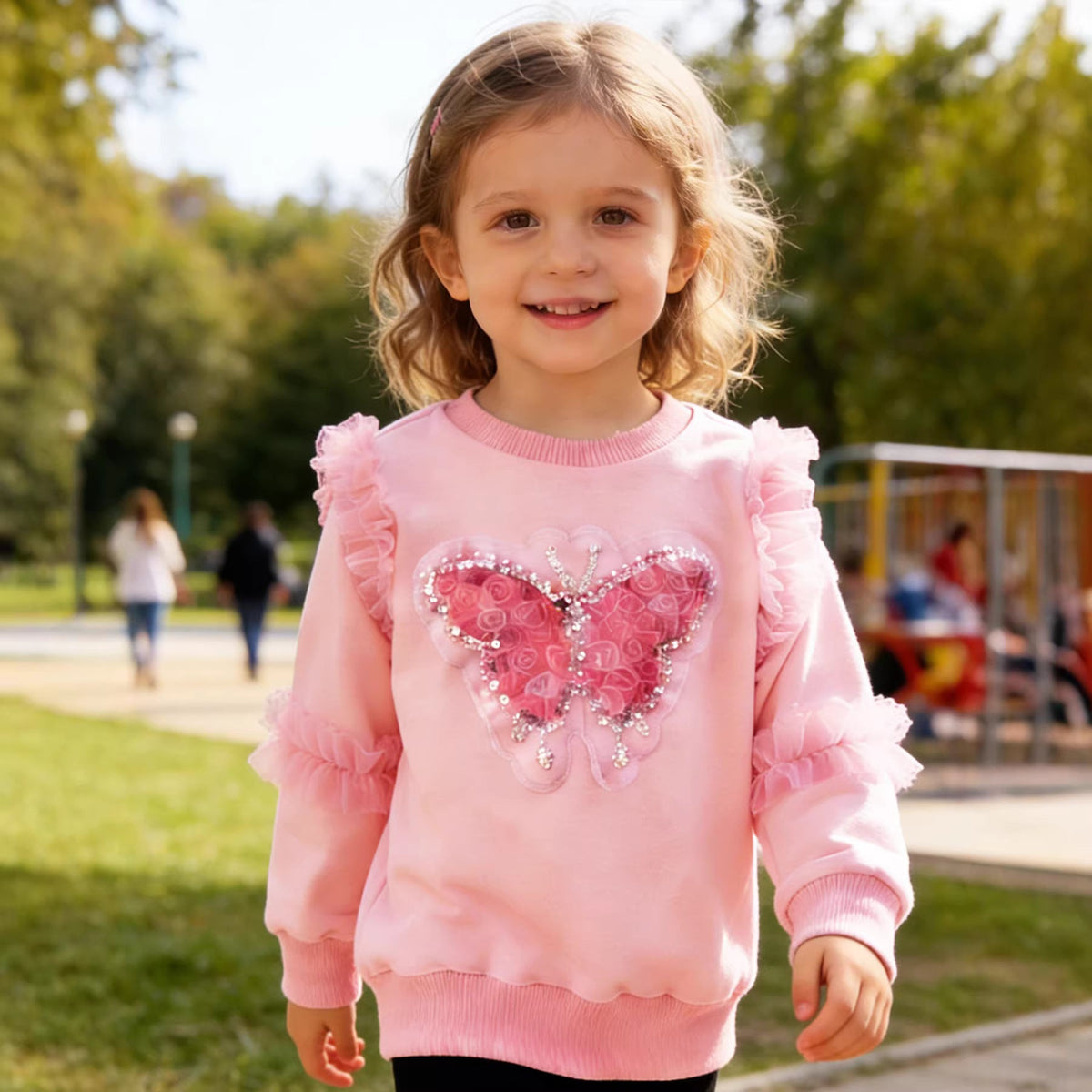 Mädchen Sweatshirt mit glänzendem Schmetterlingsmotiv und Rüschendetails R&B
