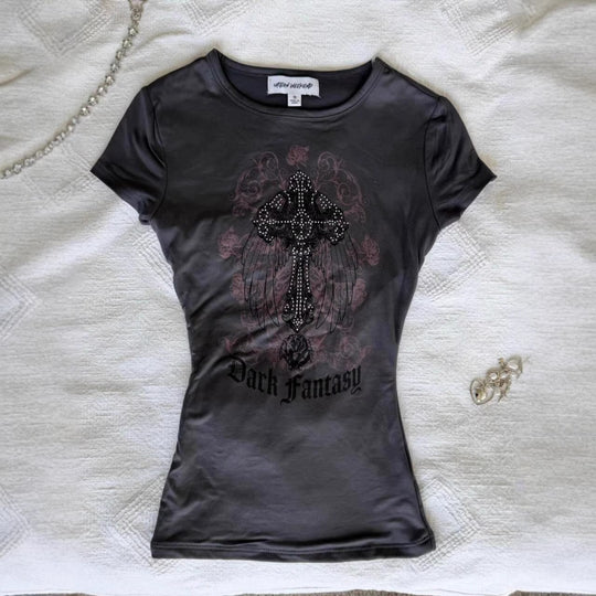 Damen T-Shirt mit funkelndem Grafikkreuz und floralem Design R&B