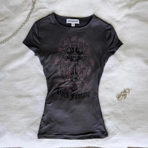 Damen T-Shirt mit funkelndem Grafikkreuz und floralem Design R&B