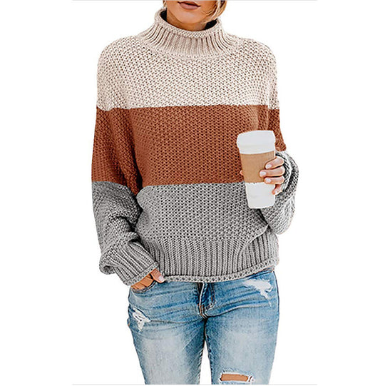 Damen Grobstrickpullover mit hohem Kragen und modischem Farbblockdesign R&B