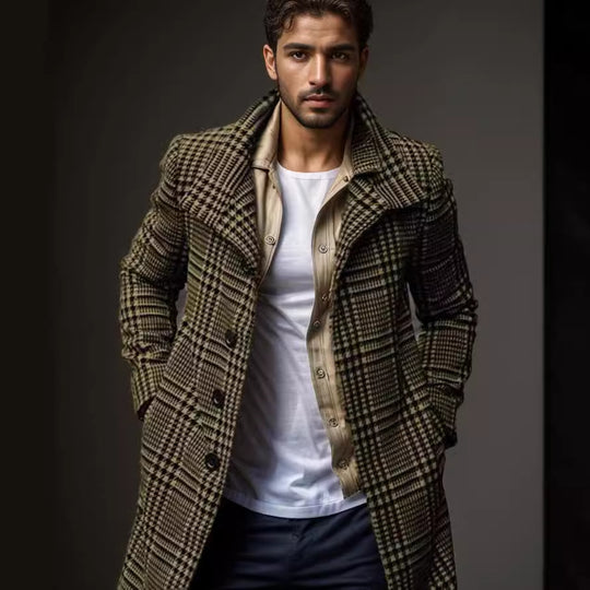 Herren eleganter Karomantel mit großflächigen Taschen und hohem Kragen R&B