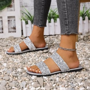 Damen komfortable Glitzer-Sandalen mit breiten Riemen R&B