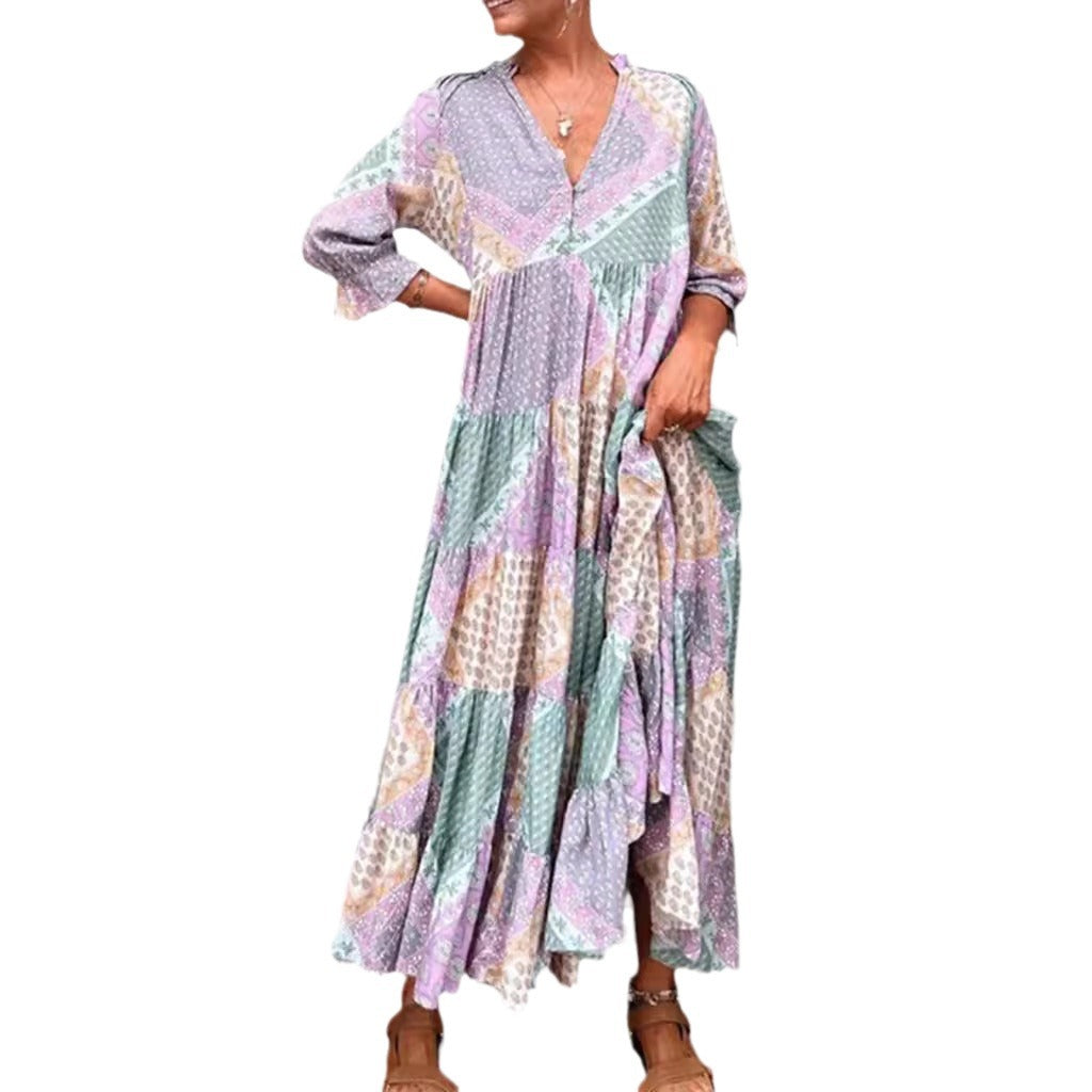 Damen nan Patchwork-Stufenmaxikleid mit V-Ausschnitt, teilweiser Knopfleiste, geraffter Passe und seitlichen Eingrifftaschen R&B