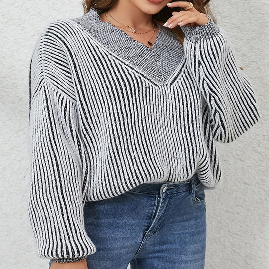Damen lässiger V-Ausschnitt Pullover mit Streifenmuster R&B