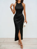 Damen Elegantes Maxikleid mit hohem Kragen und seitlichem Schlitz R&B