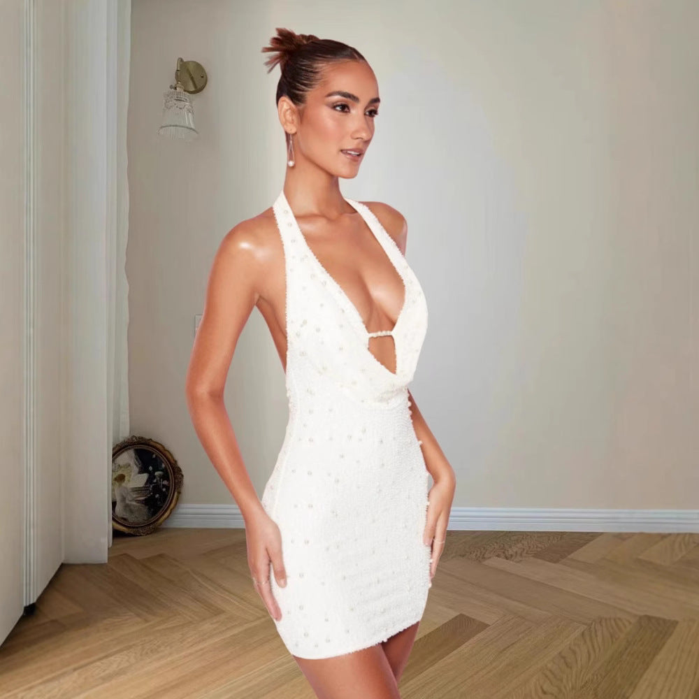 Damen Glamouröses Pailletten-Minikleid mit tiefem V-Ausschnitt und Halter-Design R&B