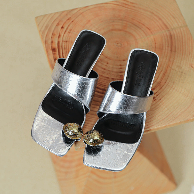 Damen Elegante Slides mit modischem Schlangenleder-Design und dekorativem Schmuck R&B