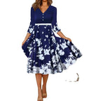 Damen V-Ausschnitt Midi-Kleid mit fließendem Rock und floralem Ärmeldesign R&B
