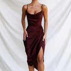 Damen Elegantes und figurbetontes Satin-Cocktailkleid mit hohem Schlitz R&B