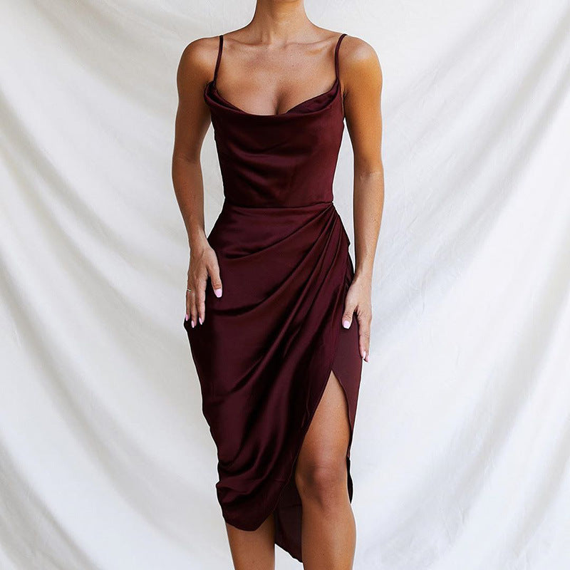 Damen Elegantes und figurbetontes Satin-Cocktailkleid mit hohem Schlitz R&B
