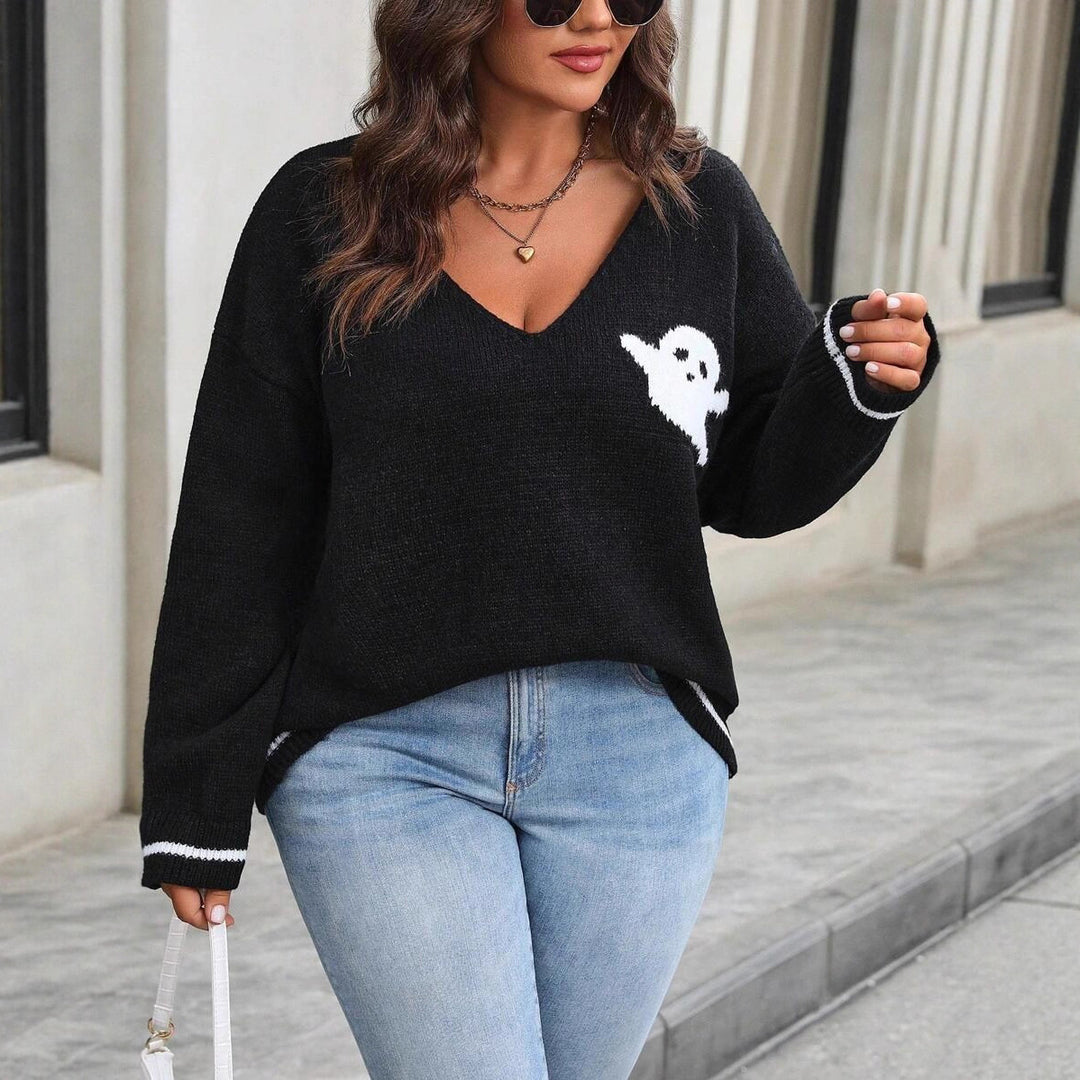 Damen Strickpullover mit Ghost-Motiv und V-Ausschnitt R&B