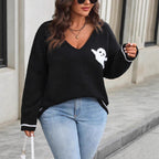 Damen Strickpullover mit Ghost-Motiv und V-Ausschnitt R&B