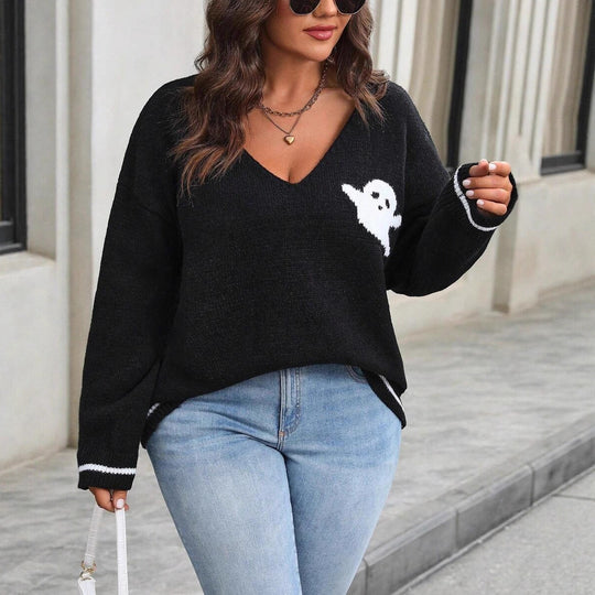 Damen Strickpullover mit Ghost-Motiv und V-Ausschnitt R&B