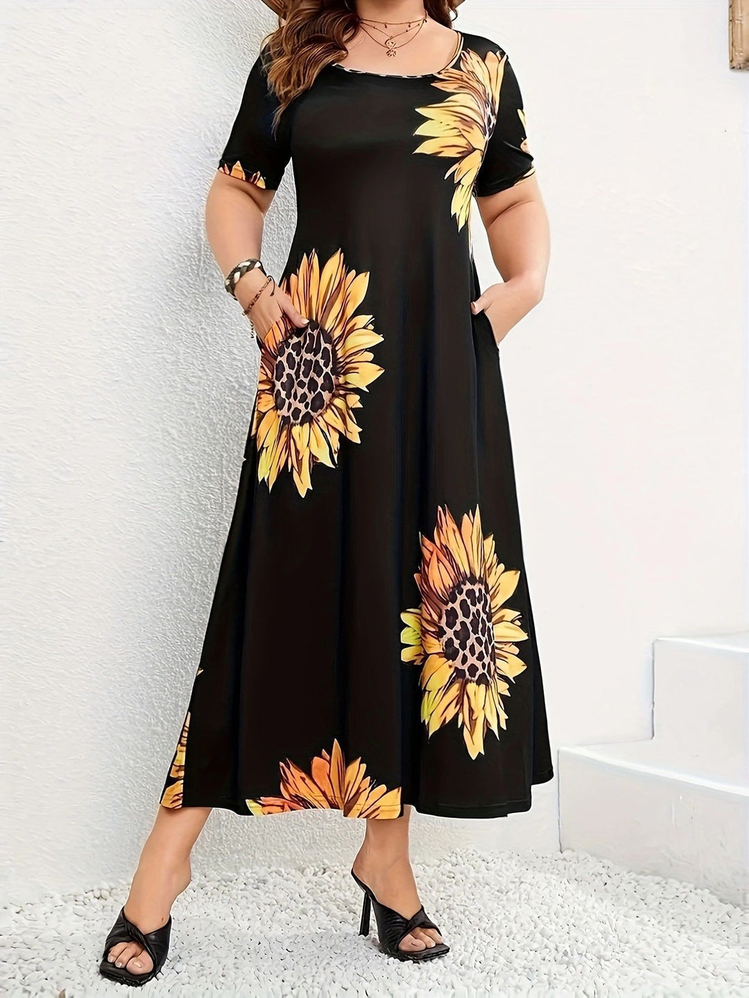 Damen Sommerliches Maxikleid mit floralem Sonnenblumenmuster und praktischen Taschen R&B