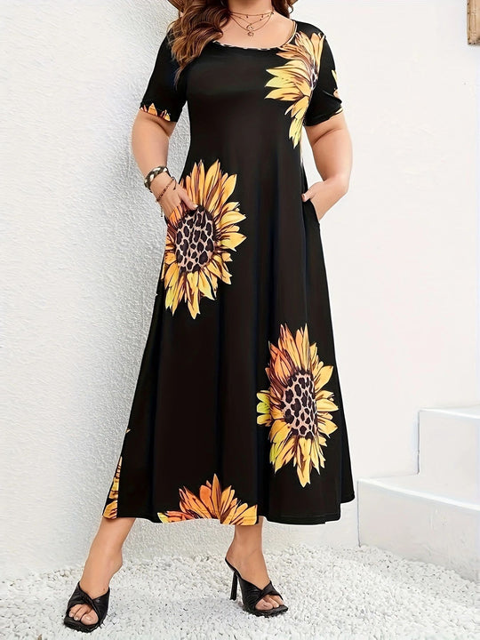 Damen Sommerliches Maxikleid mit floralem Sonnenblumenmuster und praktischen Taschen R&B