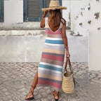 Damen Maxikleid mit modischem Streifenmuster und schickem Schlitz R&B