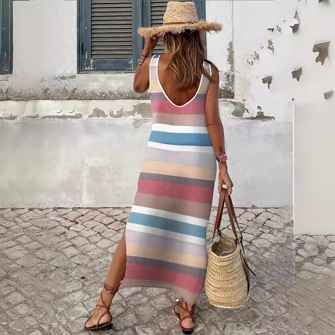 Damen Maxikleid mit modischem Streifenmuster und schickem Schlitz R&B