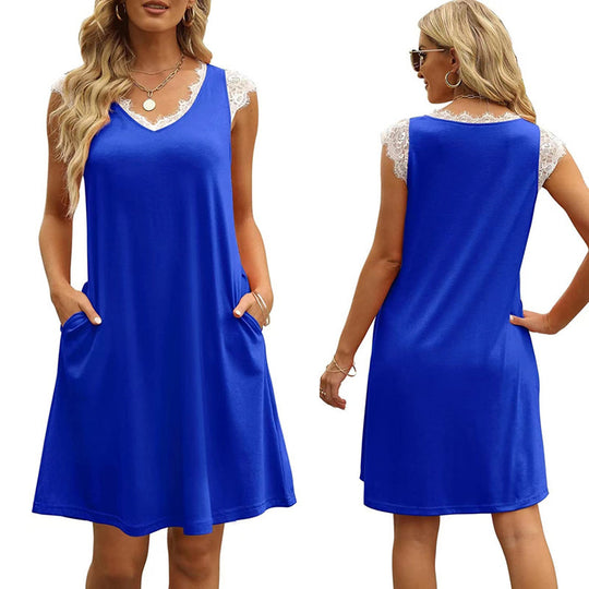 Damen ärmelloses Kleid mit Spitzendetail und seitlichen Taschen R&B