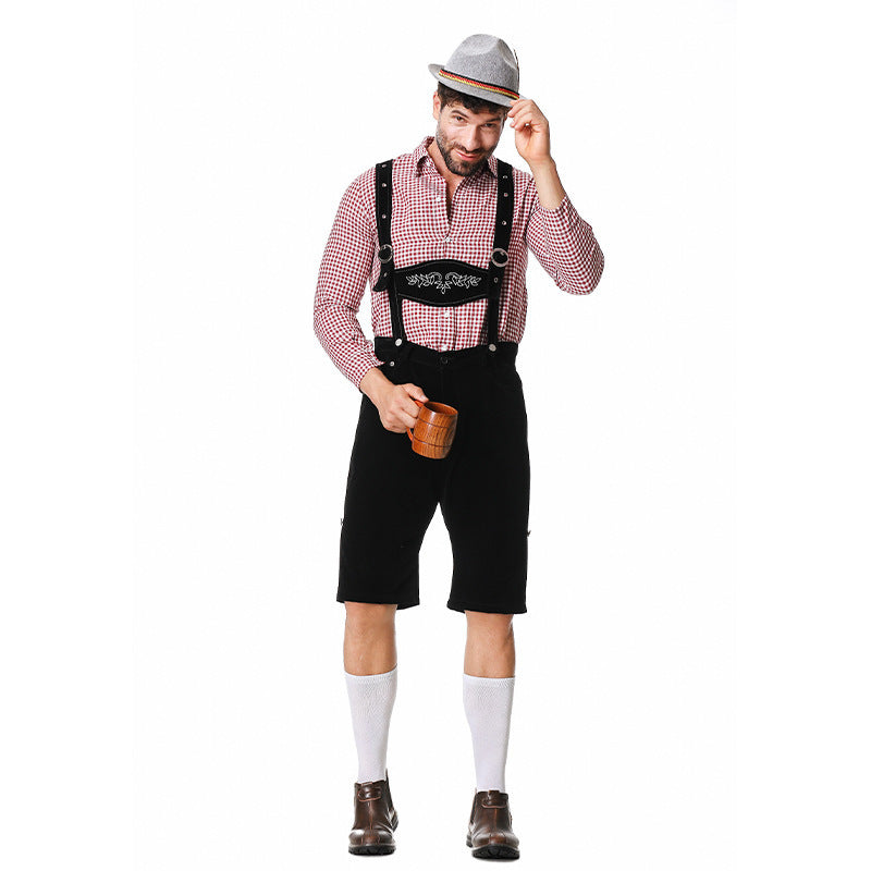 Herren nan kurze Trachtenlederhose in Veloursleder-Optik mit besticktem Brustlatz und verstellbaren Trägern R&B