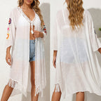 Damen luftiger und eleganter Strandkimono mit floralen Häkelakzenten R&B