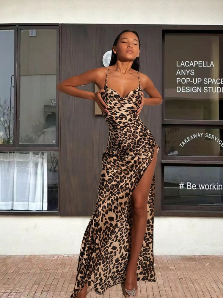 Damen Figurbetontes Animal-Print Maxikleid mit hohem Schlitz R&B