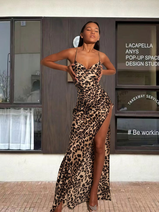 Damen Figurbetontes Animal-Print Maxikleid mit hohem Schlitz R&B