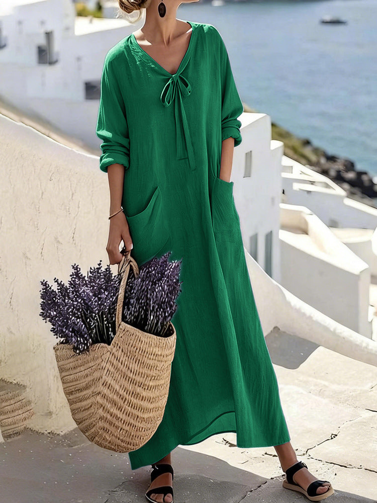 Damen Maxikleid mit seitlichen Taschen und Schleifendetails R&B