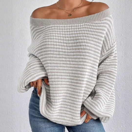 Damen Oversized Strickpullover mit Off-Shoulder Design und gestreiftem Muster R&B