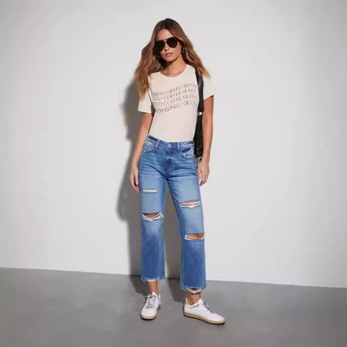 Damen Trendige Fransenjeans mit Destroyed-Details R&B