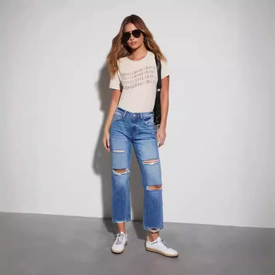 Damen Trendige Fransenjeans mit Destroyed-Details R&B