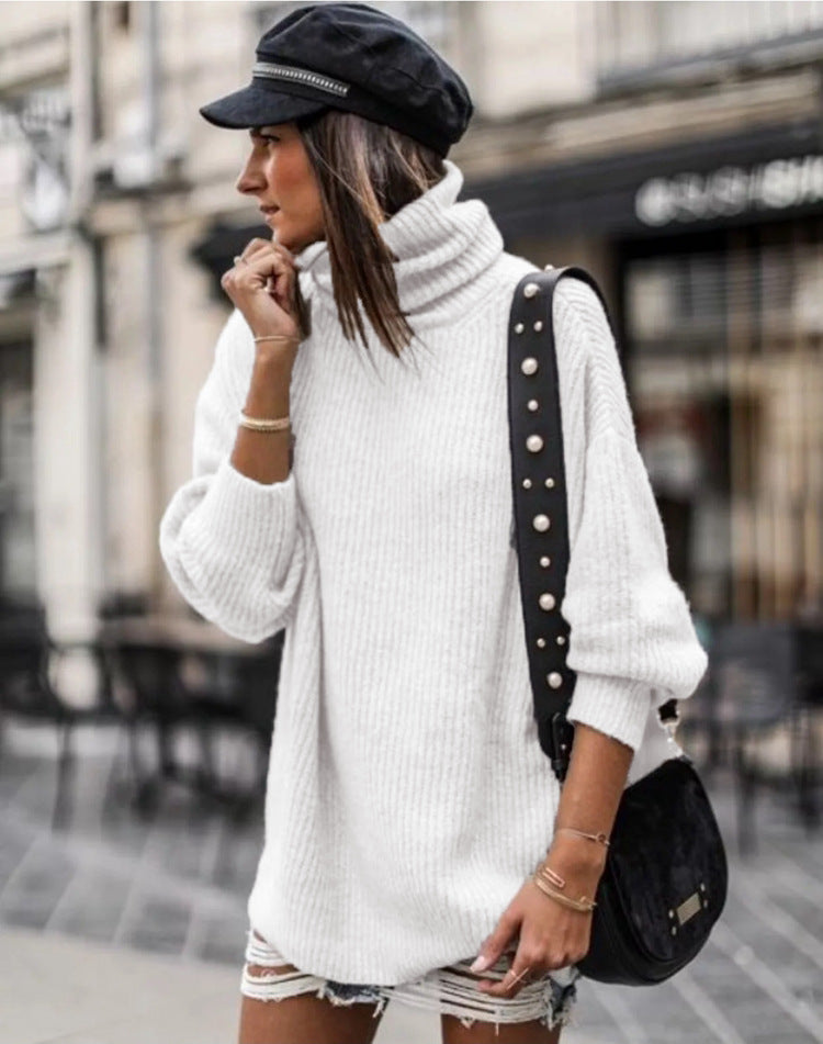 Damen oversized Strickpullover mit hohem Kragen und modischen Details R&B