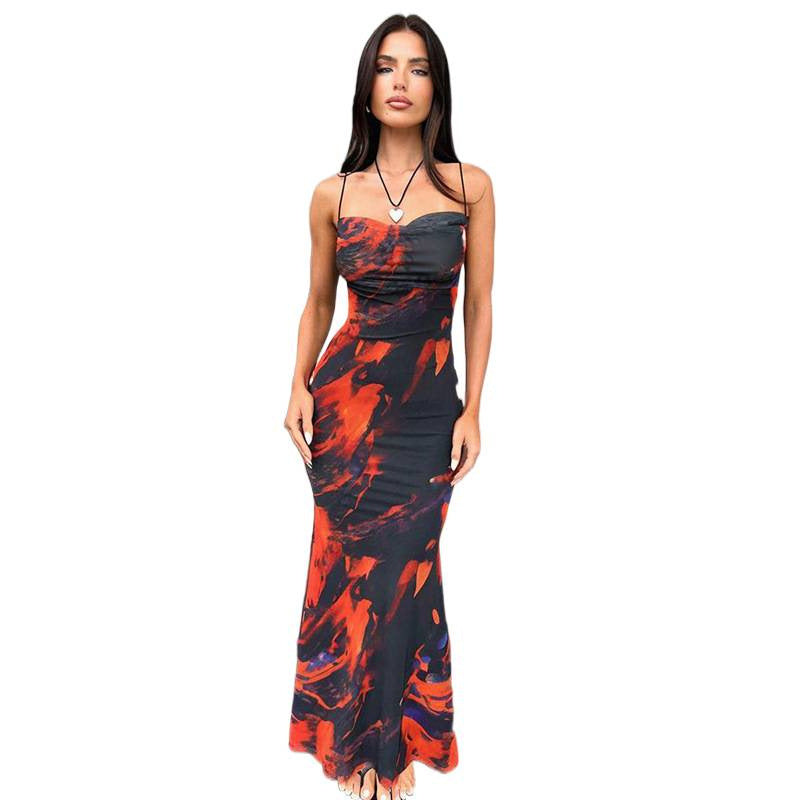 Damen Maxikleid mit elegantem Wasserfarbmuster und schmalen Spaghetti-Trägern R&B