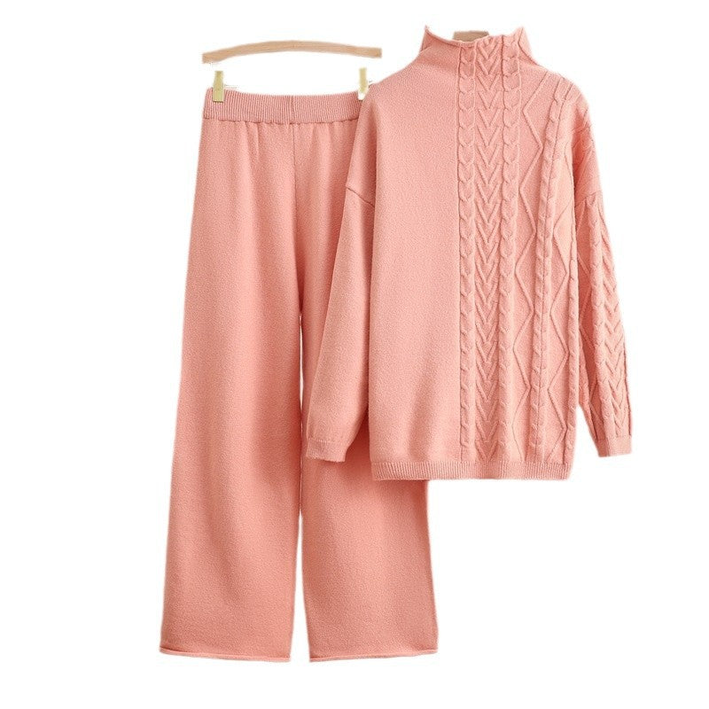 Damen gemütliches Strick-Loungewear-Set mit hochgeschlossenem Kragen R&B