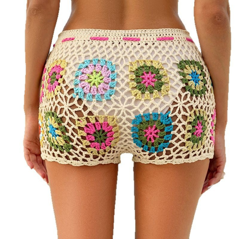 Damen Häkel-Shorts mit buntem Blumenmuster und verstellbarem Bund R&B