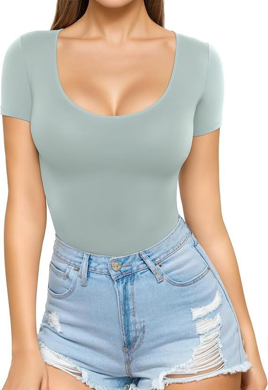 Damen figurbetontes Kurzarm-Body mit rundem Ausschnitt und nahtlosem Design R&B