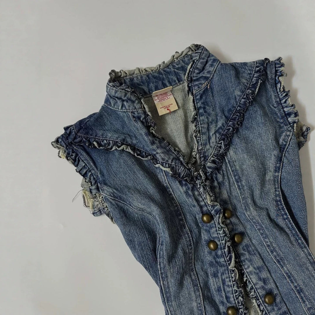 Damen Denim-Weste mit verspieltem Rüschendesign R&B
