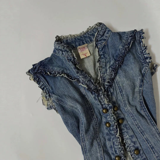 Damen Denim-Weste mit verspieltem Rüschendesign R&B