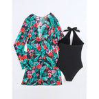 Damen Bademantel mit floralem Design und langen Ärmeln R&B