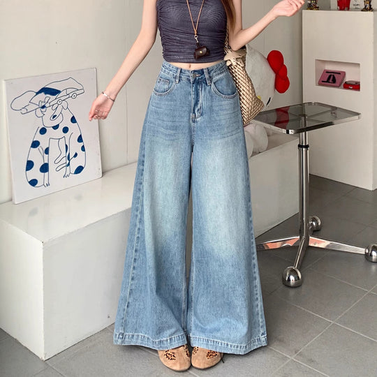 Damen Weite Denim-Hose mit lässigem Schnitt und hoch tailliertem Design R&B