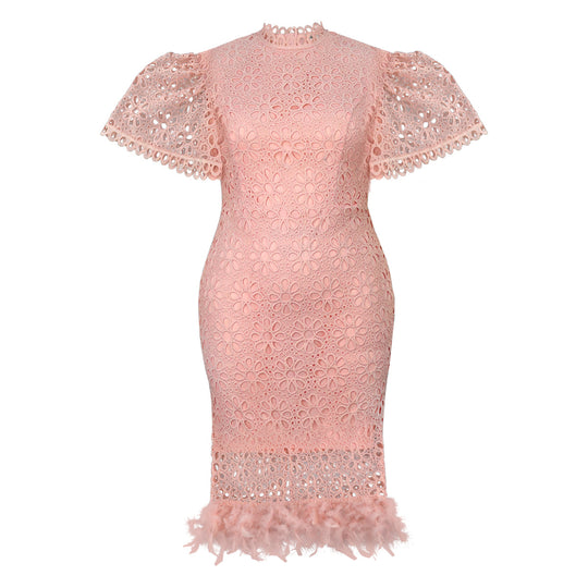 Damen Hochwertiges Spitzenkleid mit voluminösen Puffärmeln und fransigem Saum R&B