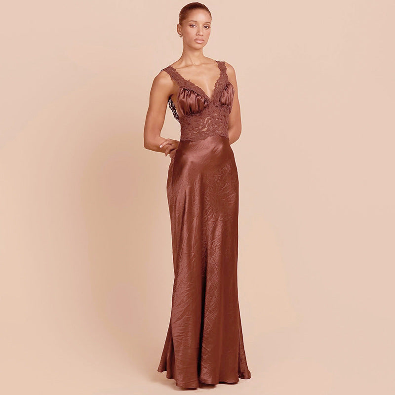Damen Elegantes Maxikleid mit Spitze und tiefem V-Ausschnitt R&B