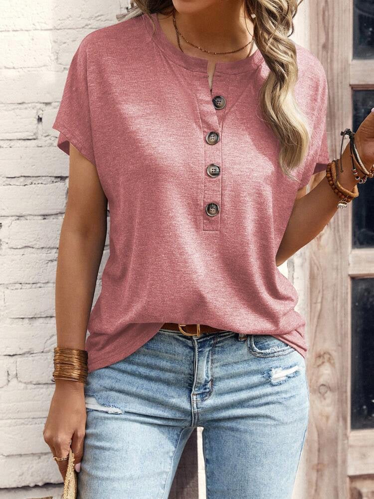 Damen lässiges T-Shirt mit Knopfleiste und kurzem Ärmel R&B